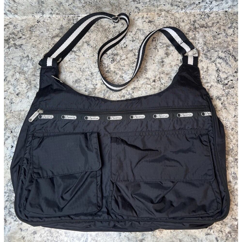 LeSportsac Black Large Deluxe Everyday Bag Black White Stripe Strap